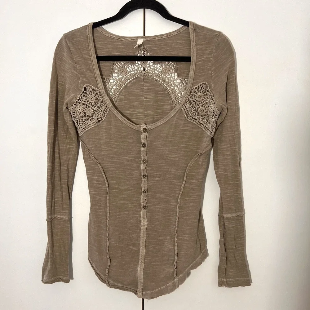 Free People Y2K Henley Top XS Brown Crochet Lace Slub Western Grunge Fairy Boho
